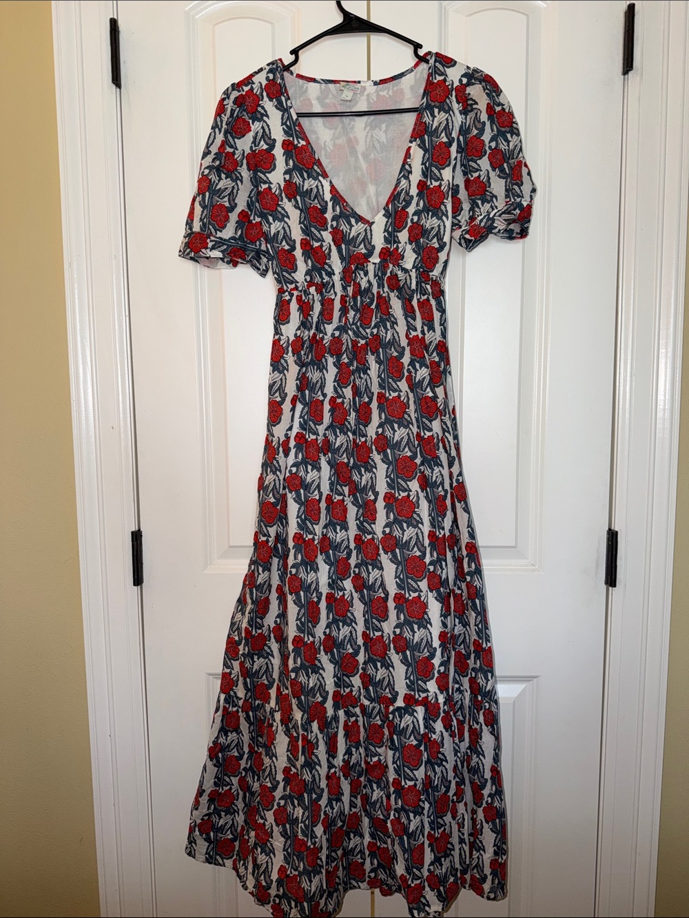 J. Crew Red Floral V-Neck Maxi Beach Dress with Blue Leaves